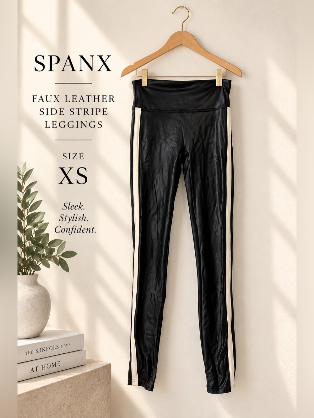 SPANX Faux Leather Side Stripe Leggings Black Ivory Size XS